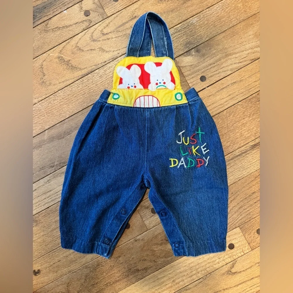 Vintage Blue Overalls with Colorful Bunny Embroidery of Just Like Daddy